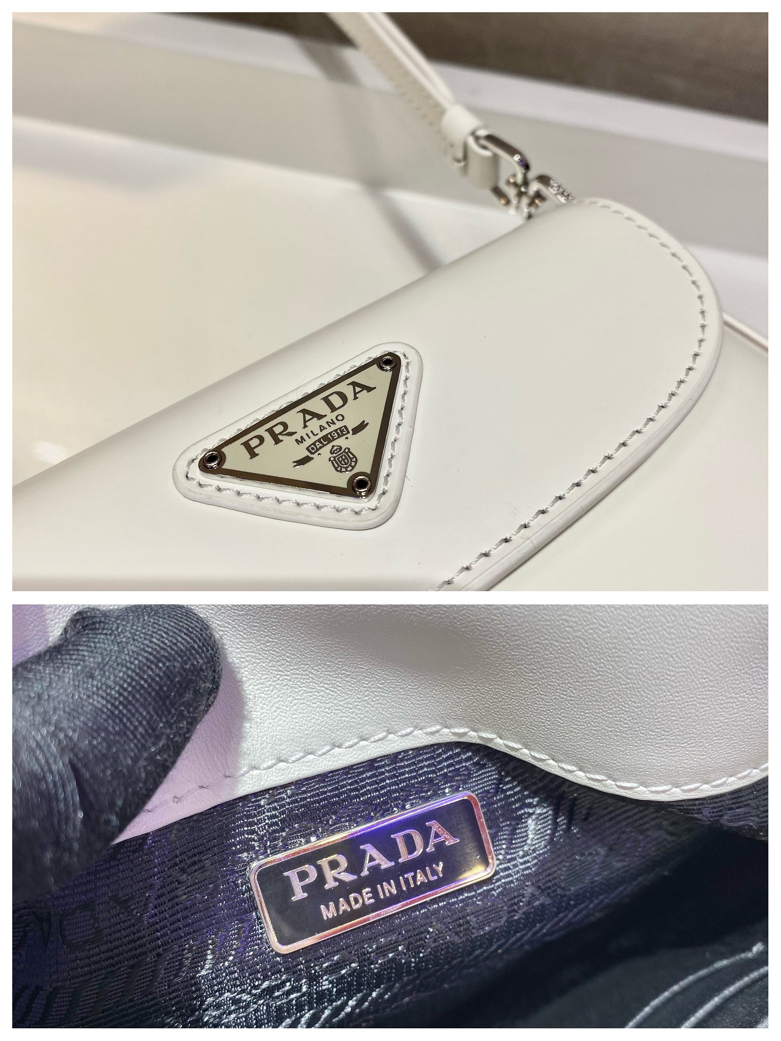 Prada Cleo Brushed Leather Shoulder Bag With Flap White 1BH188